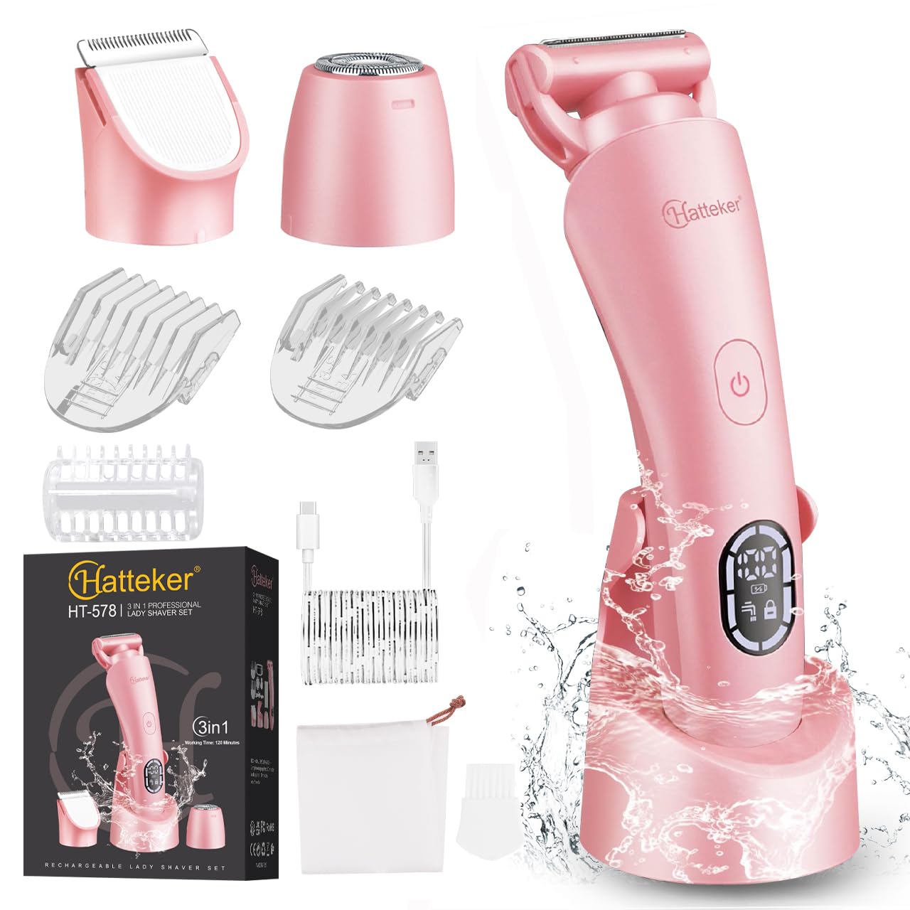 Hatteker Women's Electric Shaver & Bikini Trimmer with LED (Pink)