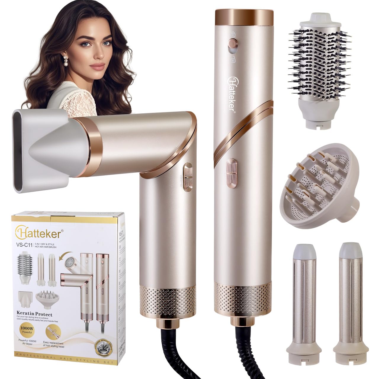 Hatteker 5-in-1 Foldable Negative Ionic Hair Dryer & Styling Station