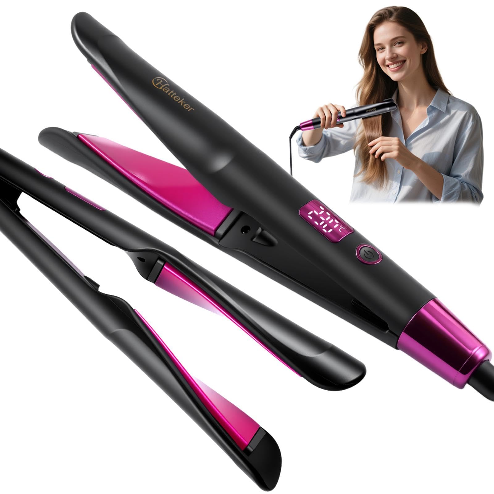 Hatteker 2-in-1 Flat Iron Hair Straightener & Curler (Black)