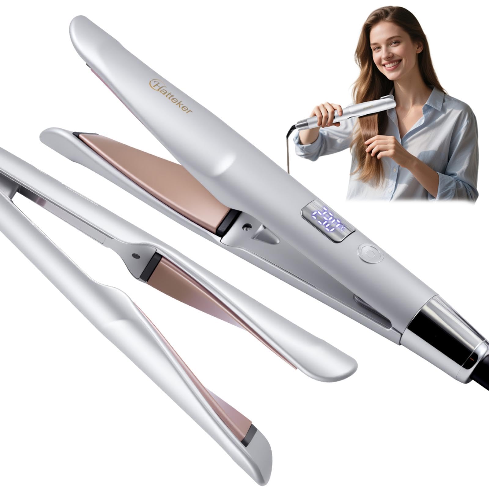 Hatteker 2-in-1 Flat Iron Hair Straightener & Curler (Silver)