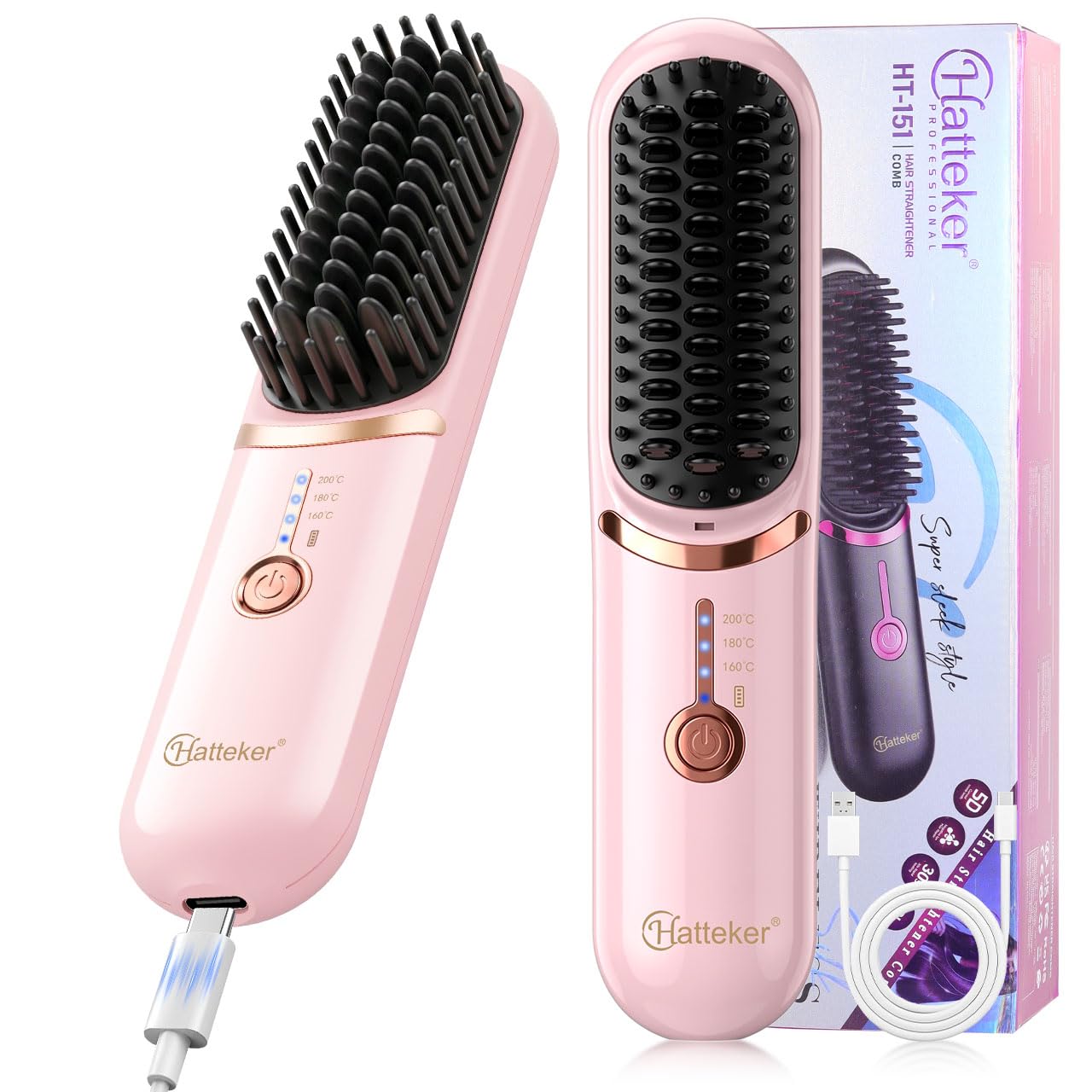 Hatteker Cordless Portable Ionic Hair Straightener Brush (Pink)